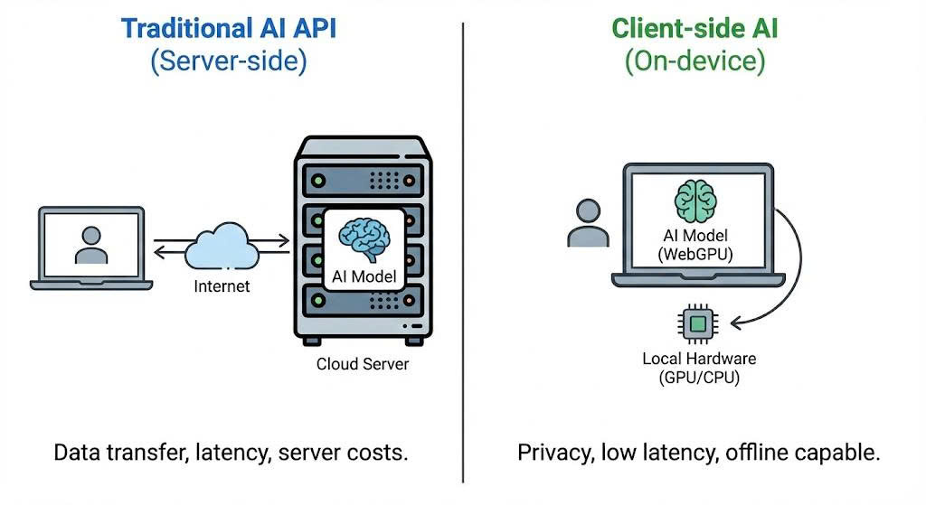 Diagram comparing Traditional AI API vs. Client-side AI