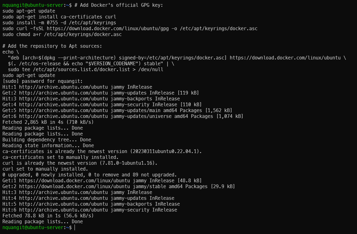 Terminal output of setting up Docker apt repository and updating apt cache