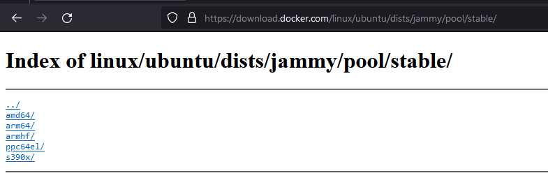 Browser screenshot showing directory listing of Docker Ubuntu jammy/pool/stable