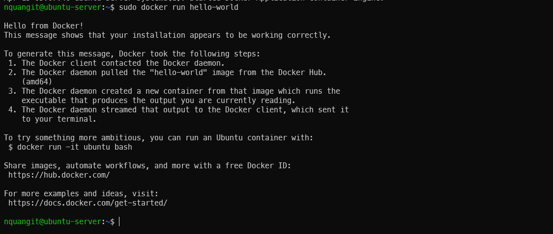Terminal output of running hello-world Docker container