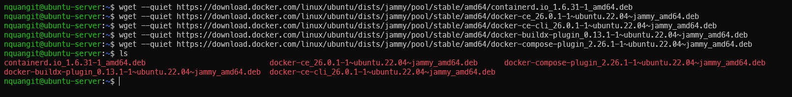 Terminal output of downloading Docker deb files and listing them
