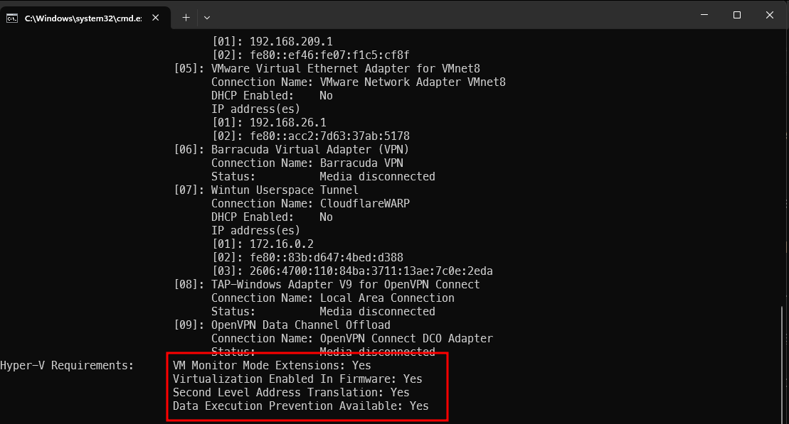 Command prompt output of systeminfo showing Hyper-V Requirements