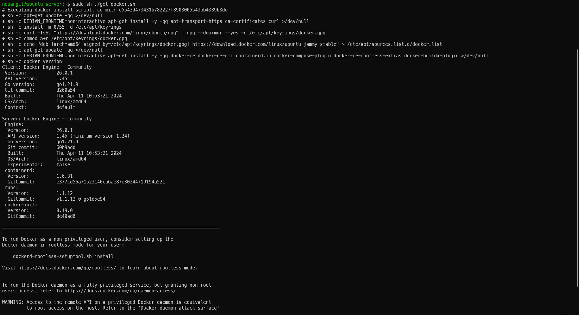 Terminal output of running the Docker convenience script