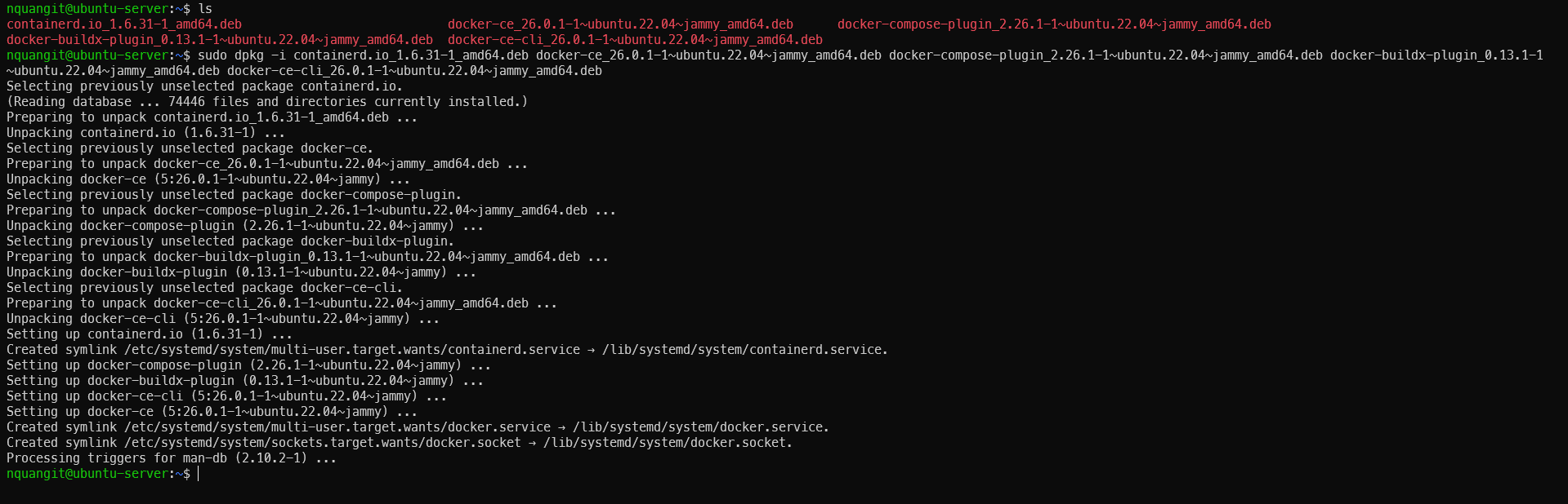 Terminal output of installing Docker deb packages with dpkg