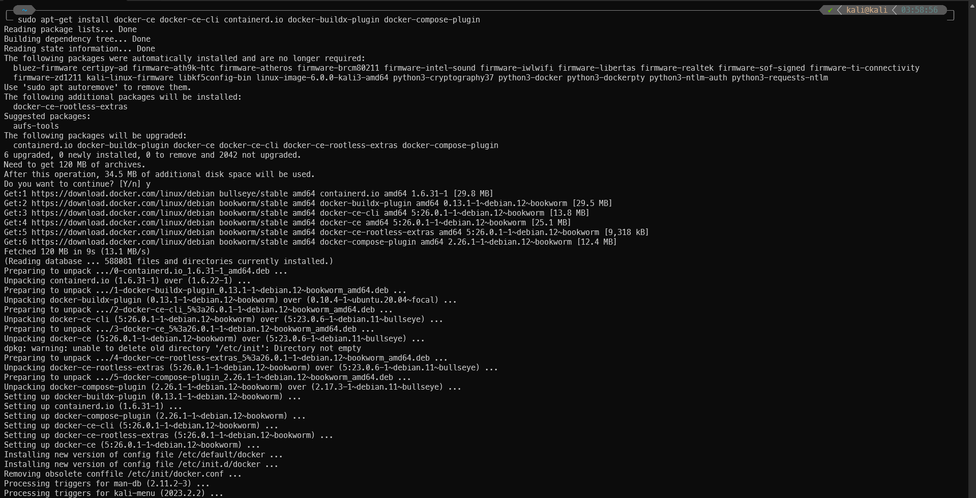 Terminal output of installing Docker packages on Kali
