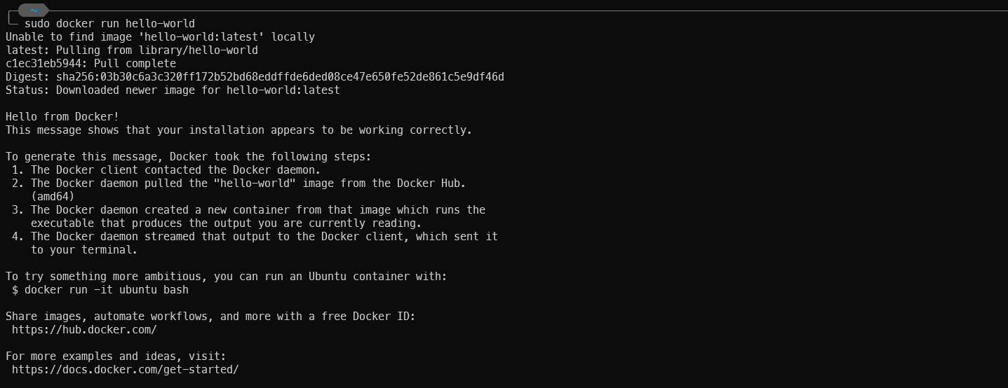 Terminal output of running hello-world Docker container on Kali