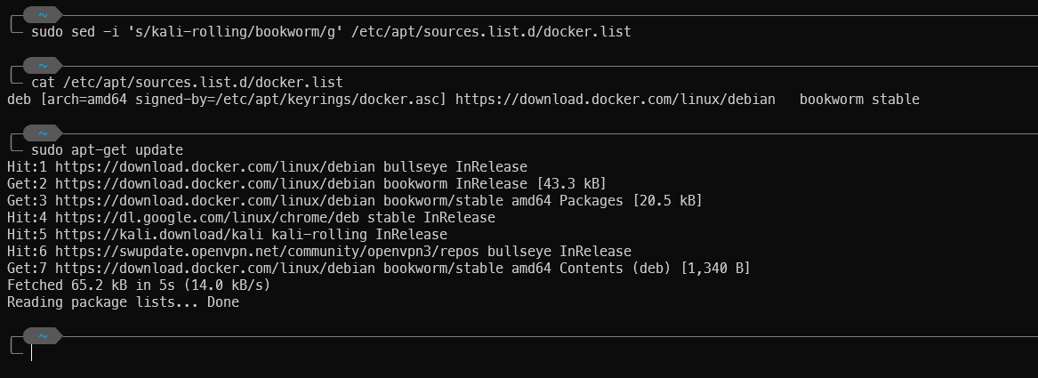 Terminal output showing modified Docker apt source list and apt update on Kali