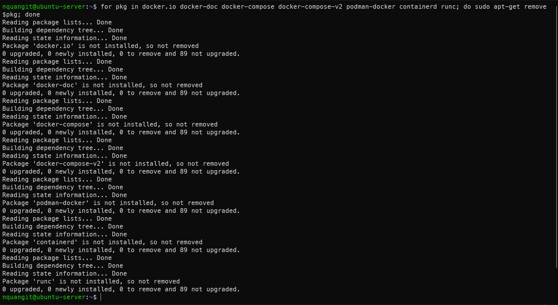 Terminal output of uninstalling old Docker packages