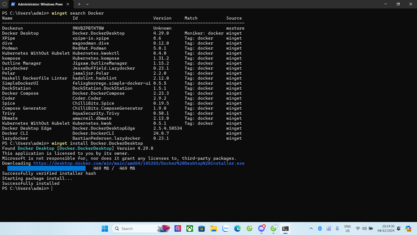 PowerShell output showing winget search and install of Docker Desktop