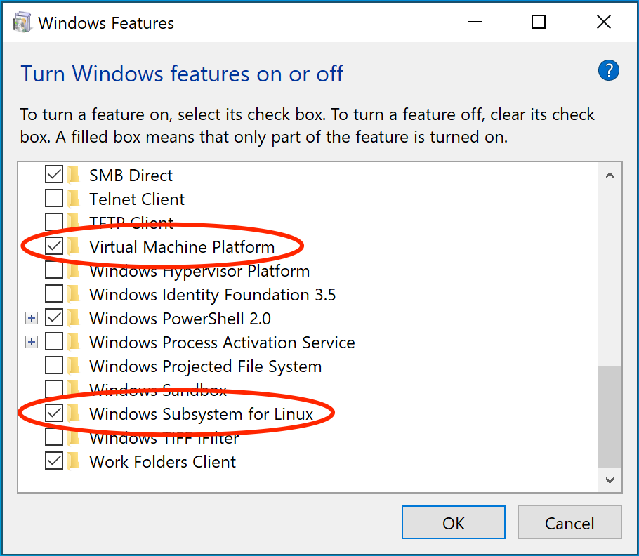 Windows Features dialog showing Virtual Machine Platform and Windows Subsystem for Linux checked
