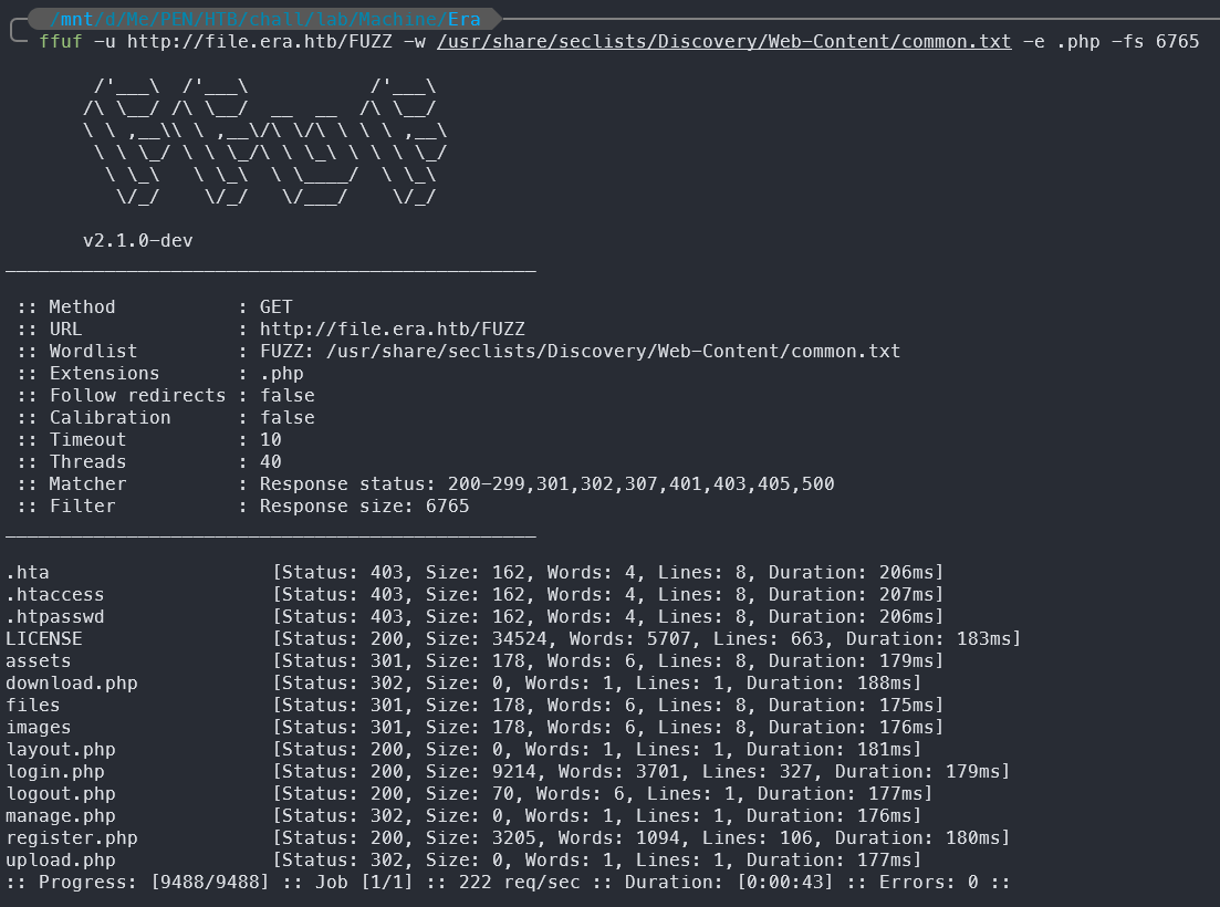 FFUF scan result for hidden files/directories
